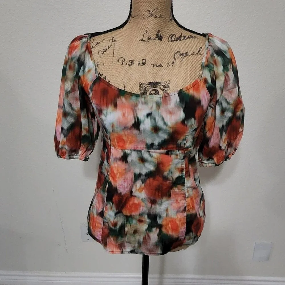 J.‎ Crew Liberty watercolor squareneck puffed sleeve top size 2